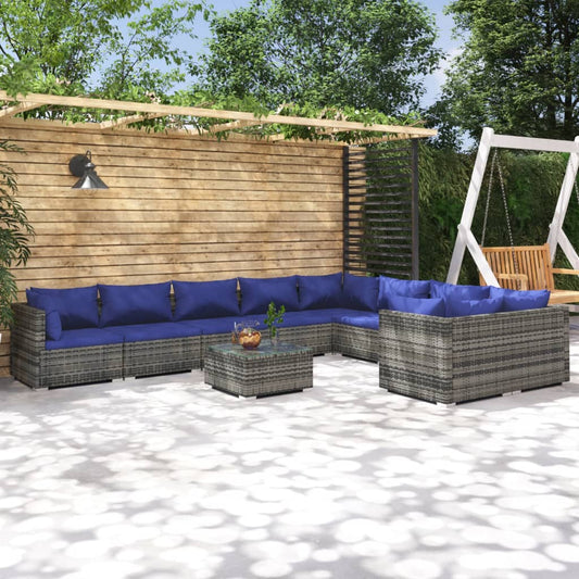 10-tlg. Garten-Lounge-Set mit Kissen Poly Rattan Grau