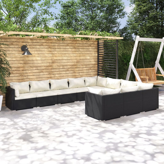 Salon de jardin 10 pièces avec coussins, en polyrotin, noir