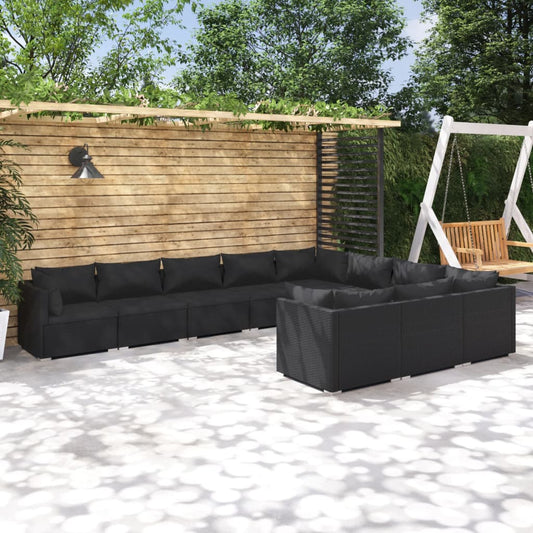 Salon de jardin 10 pièces avec coussins, en polyrotin, noir