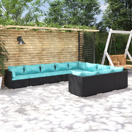Salon de jardin 10 pièces avec coussins, en polyrotin, noir