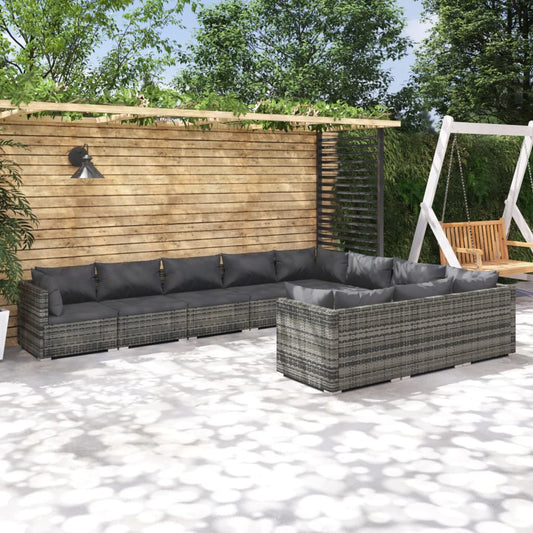 10-tlg. Garten-Lounge-Set mit Kissen Poly Rattan Grau