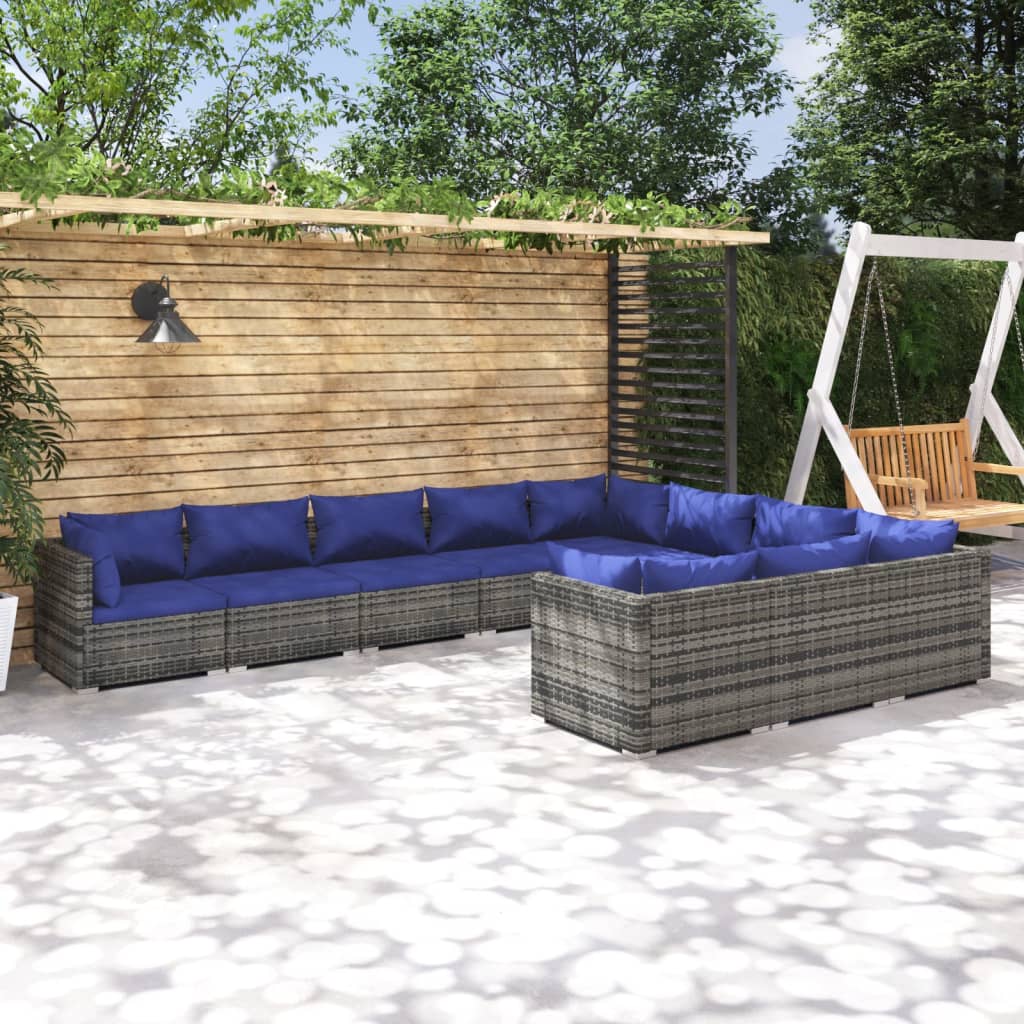 Salon de jardin 10 pièces avec coussins, en résine tressée, gris