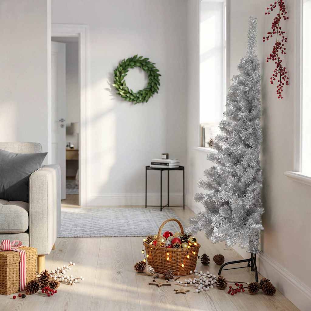 Künstlicher Halb-Weihnachtsbaum mit Ständer Silber 150 cm PET
