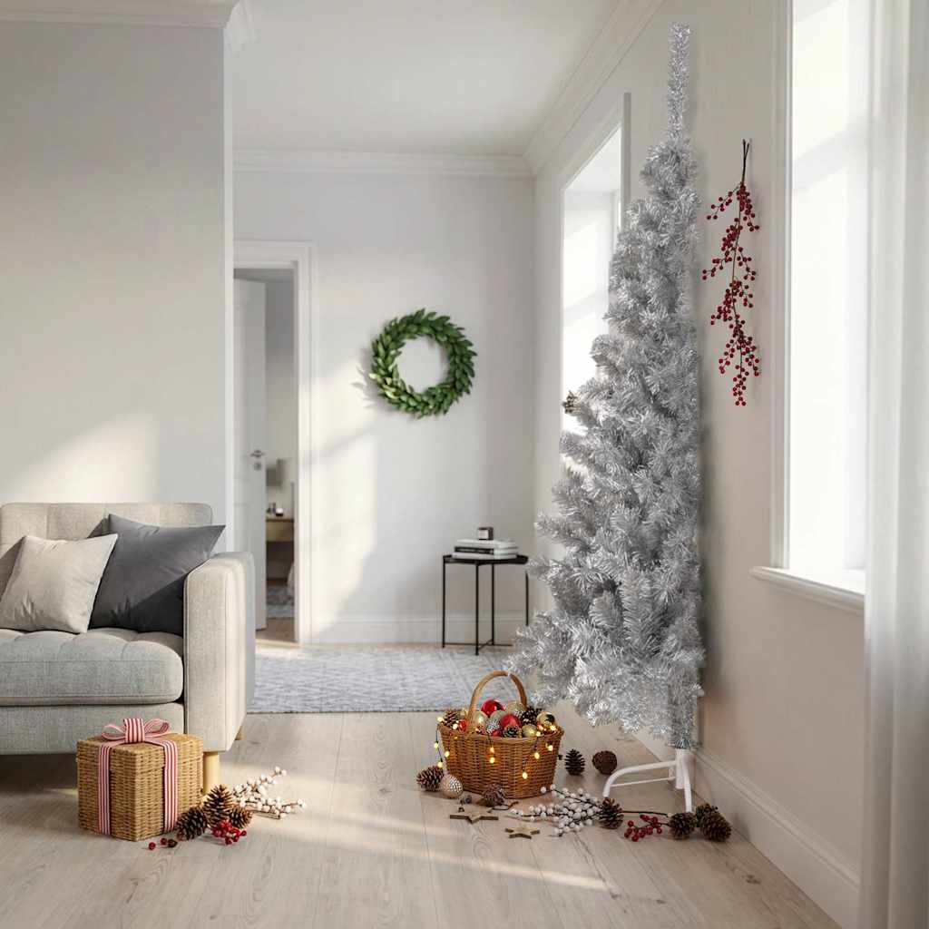 Künstlicher Halb-Weihnachtsbaum mit Ständer Silber 210 cm PET
