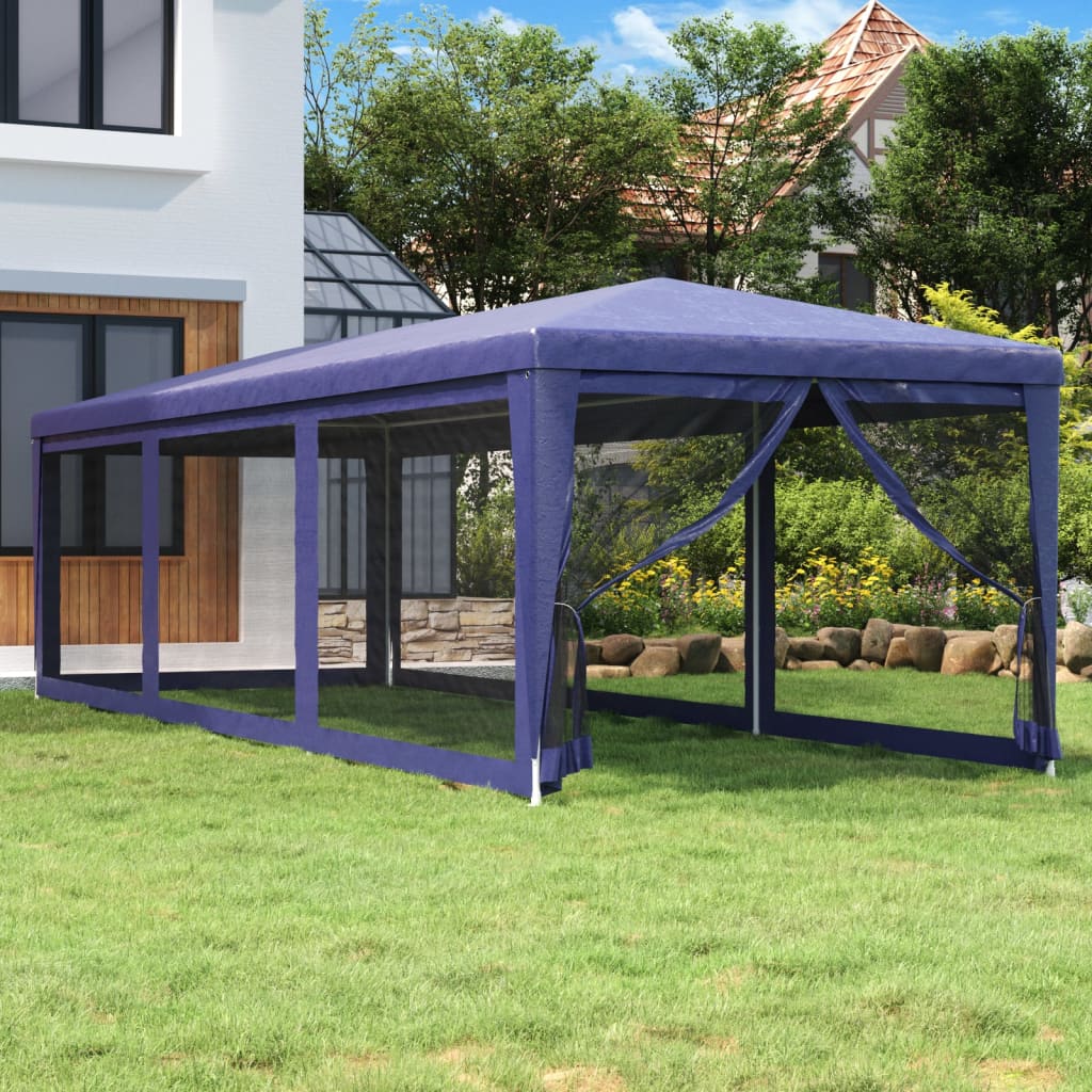 Partyzelt mit 8 Mesh-Seitenwänden Blau 3x9 m HDPE