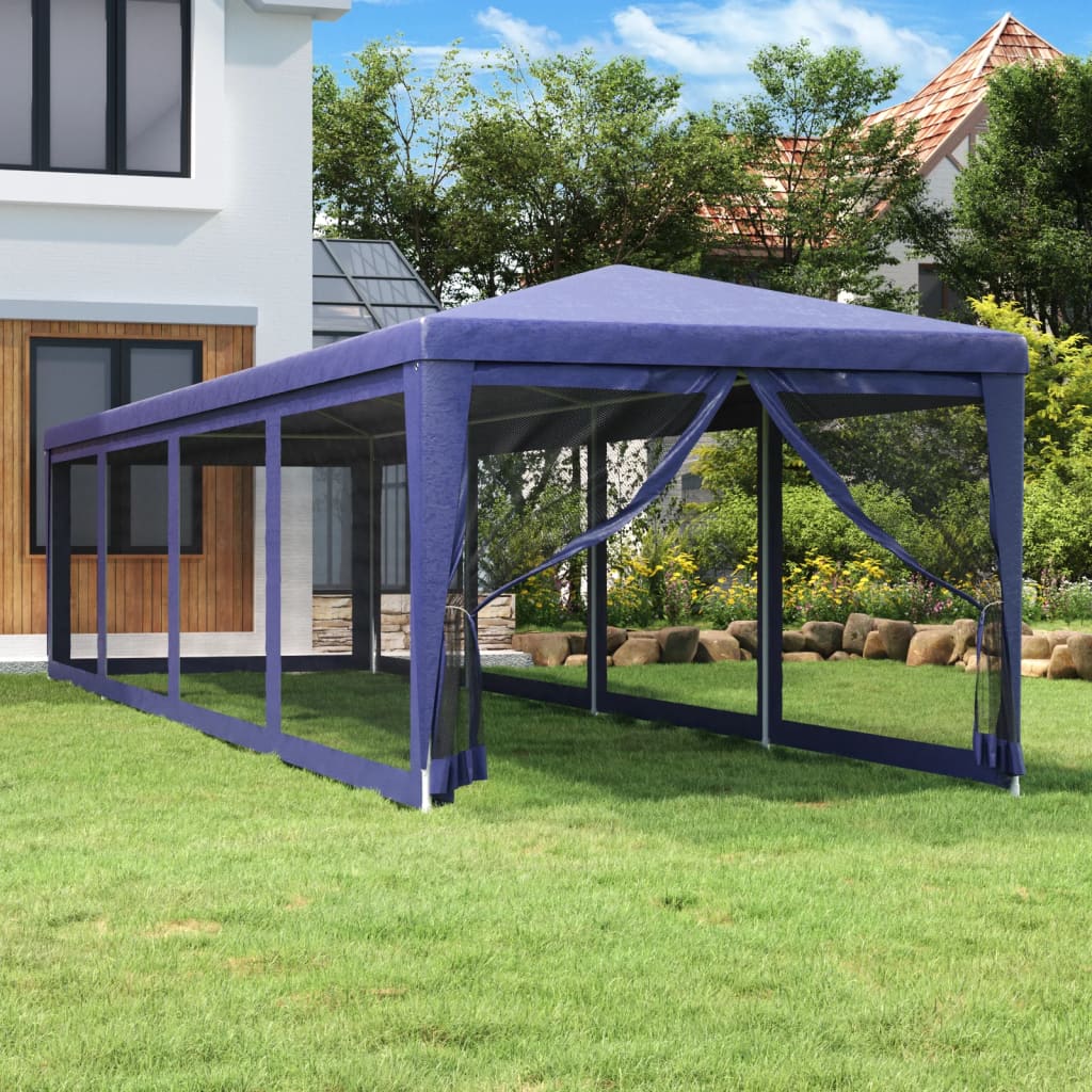 Tente de réception avec parois latérales en 10 mailles bleues 3x12 m HDPE