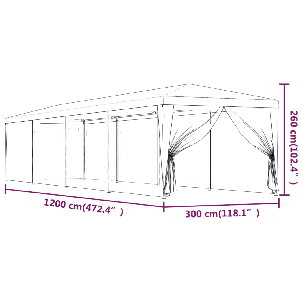Partyzelt mit 10 Mesh-Seitenwänden Rot 3x12 m HDPE