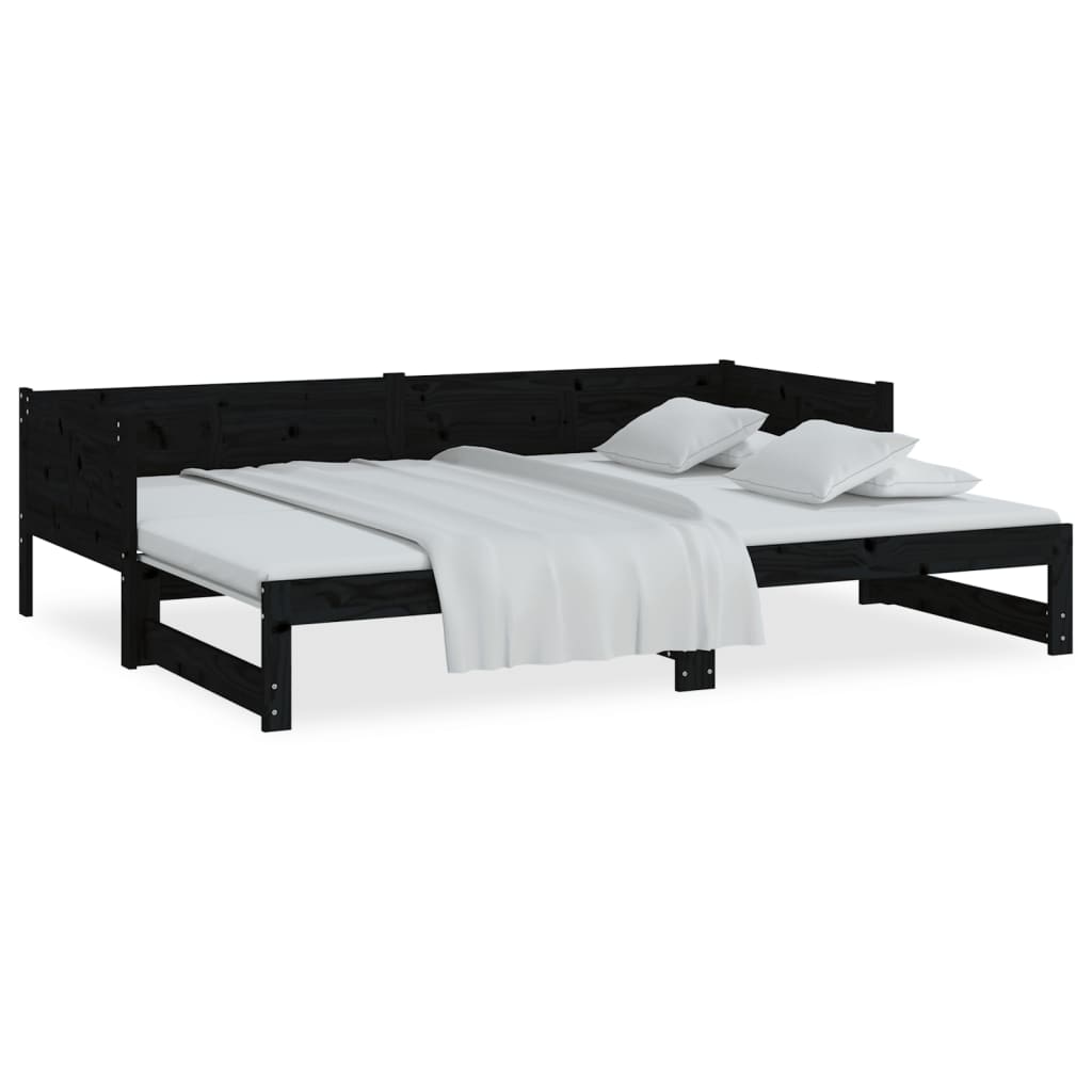 Lit de repos extensible en bois de pin massif noir 2x(80x200) cm