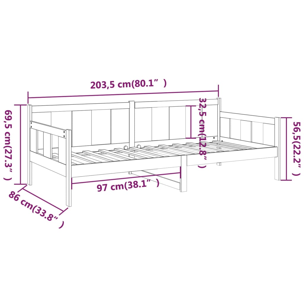 Lit de repos en bois de pin massif gris 80x200 cm