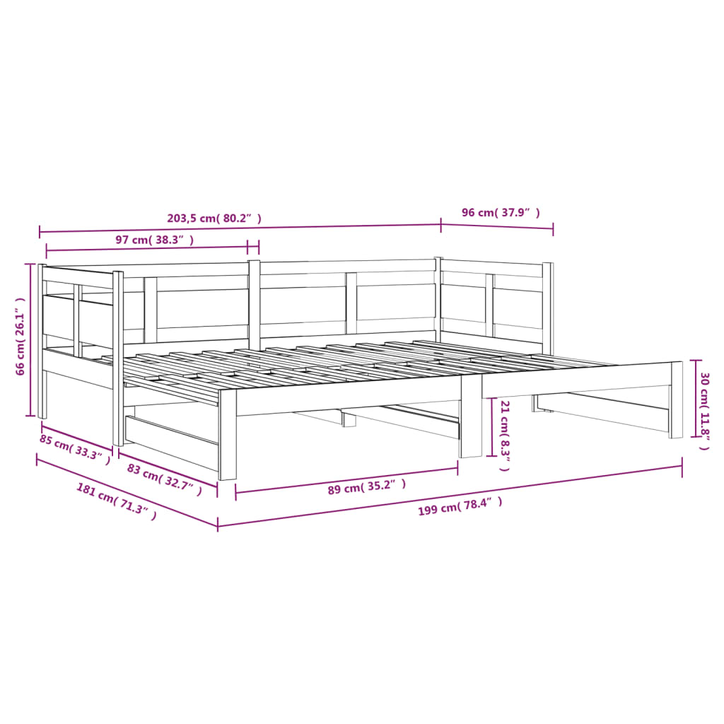 Lit de repos extensible en pin massif 2x(90x200) cm