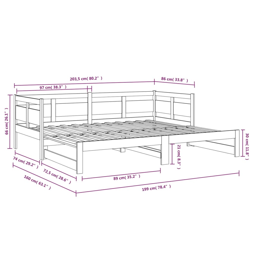 Lit de repos extensible en pin massif noir 2x(80x200) cm