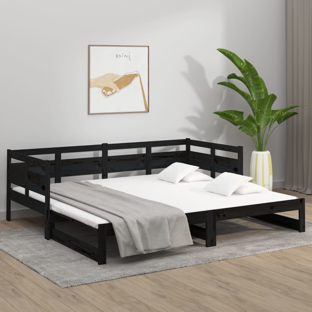 Lit de repos extensible en bois de pin massif noir 2x(90x190) cm