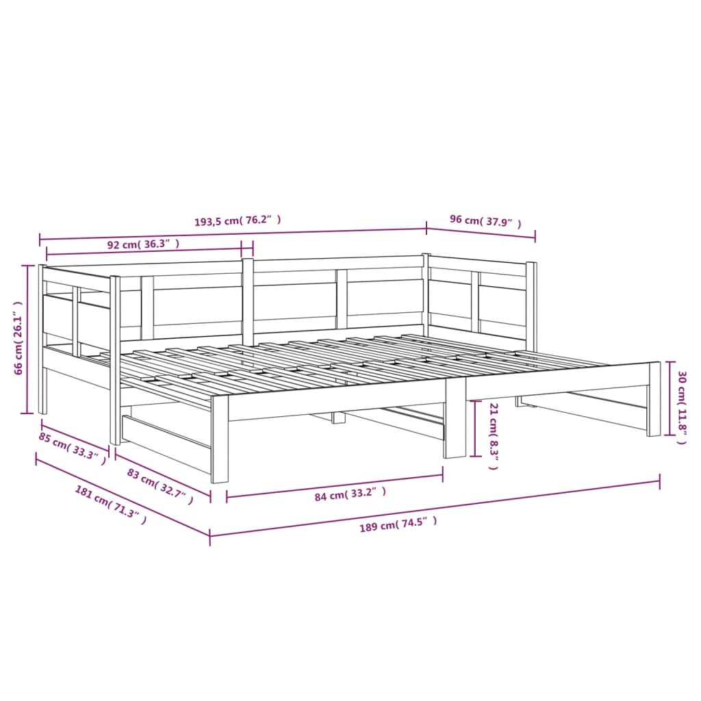 Lit de repos extensible en bois de pin massif noir 2x(90x190) cm