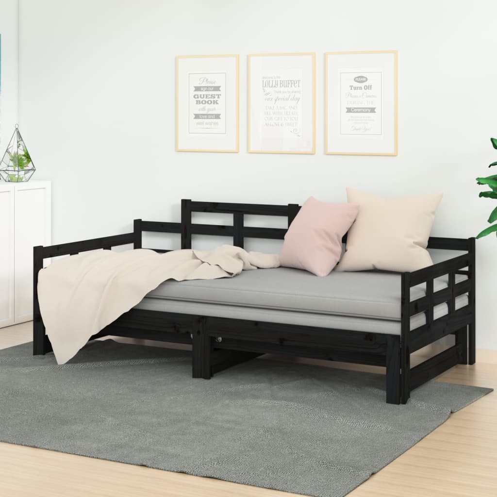 Lit de repos extensible en bois de pin massif noir 2x(90x190) cm