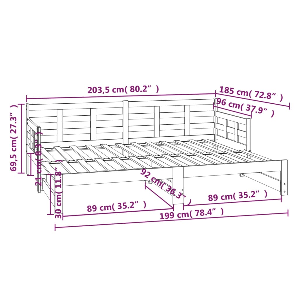 Lit de repos extensible en pin massif noir 2x(90x200) cm