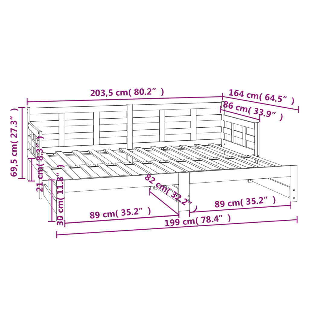 Lit de repos extensible en pin massif noir 2x(80x200) cm