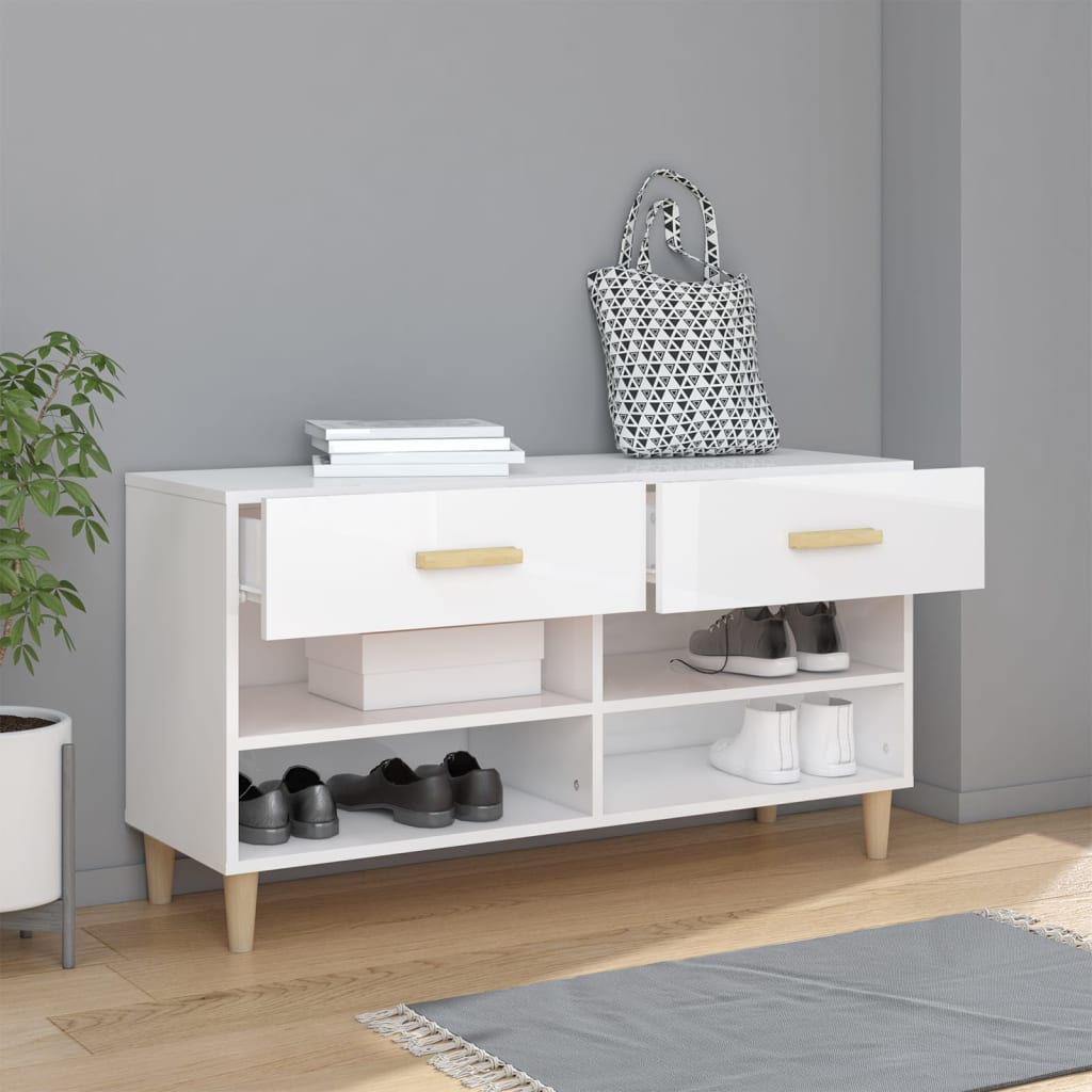 Shoe cabinet high gloss white 102x35x55 cm wood material