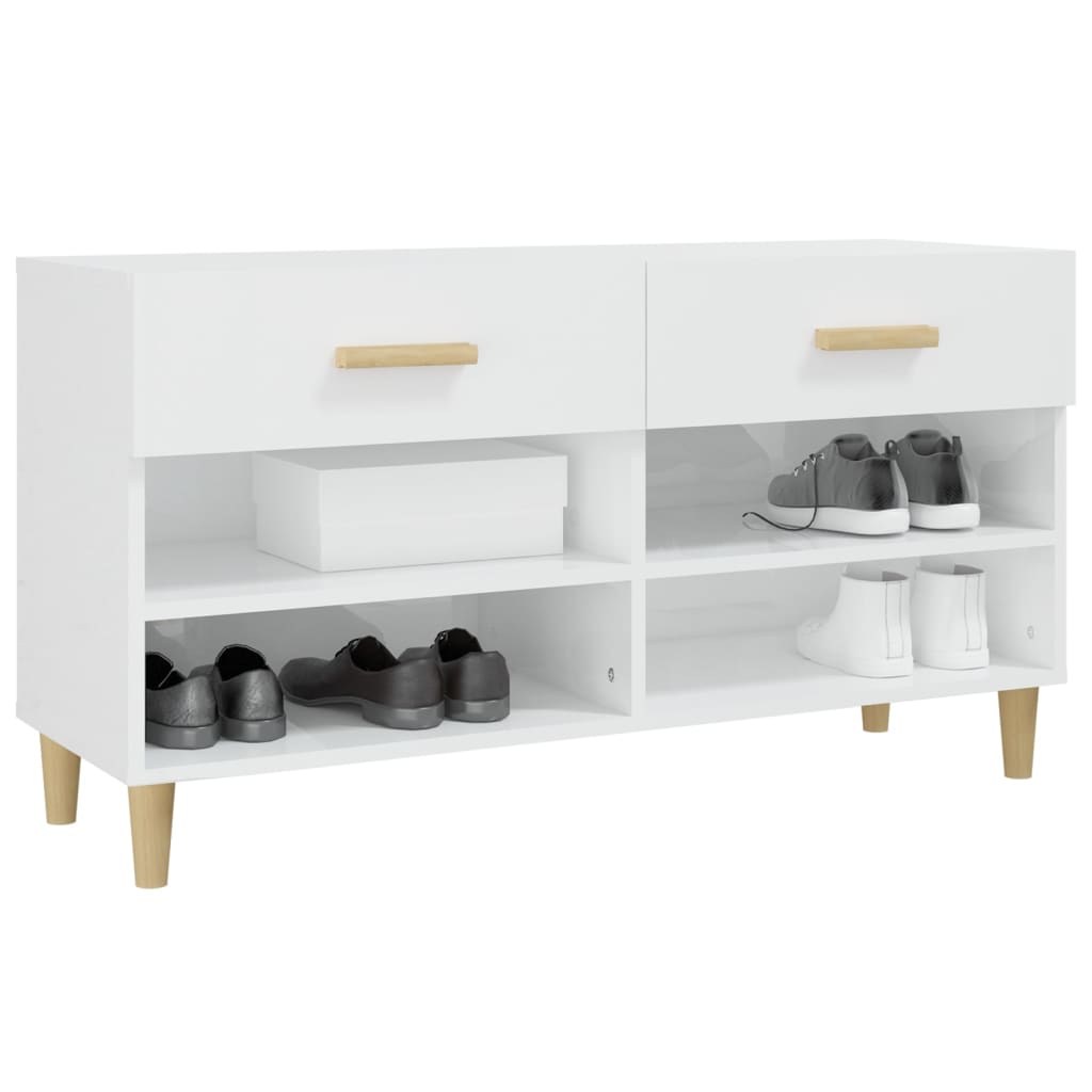 Shoe cabinet high gloss white 102x35x55 cm wood material