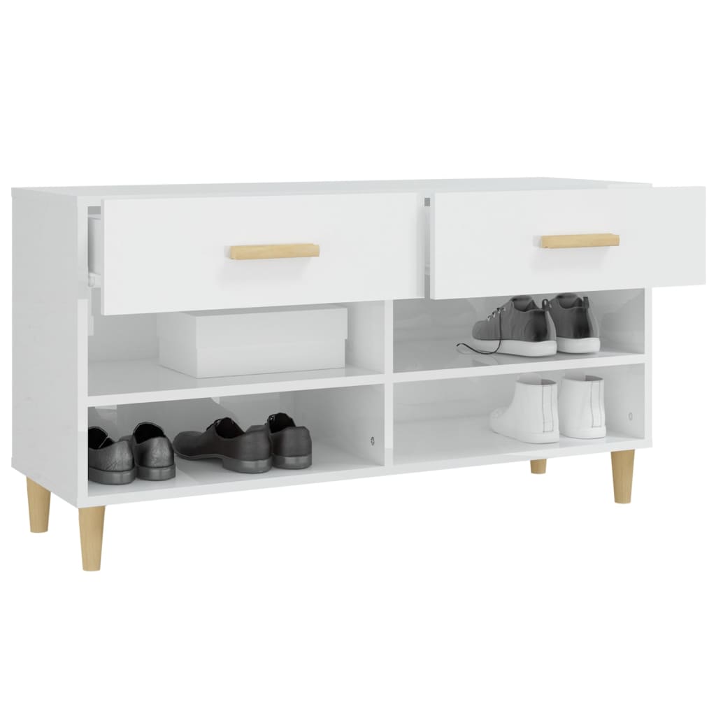 Shoe cabinet high gloss white 102x35x55 cm wood material