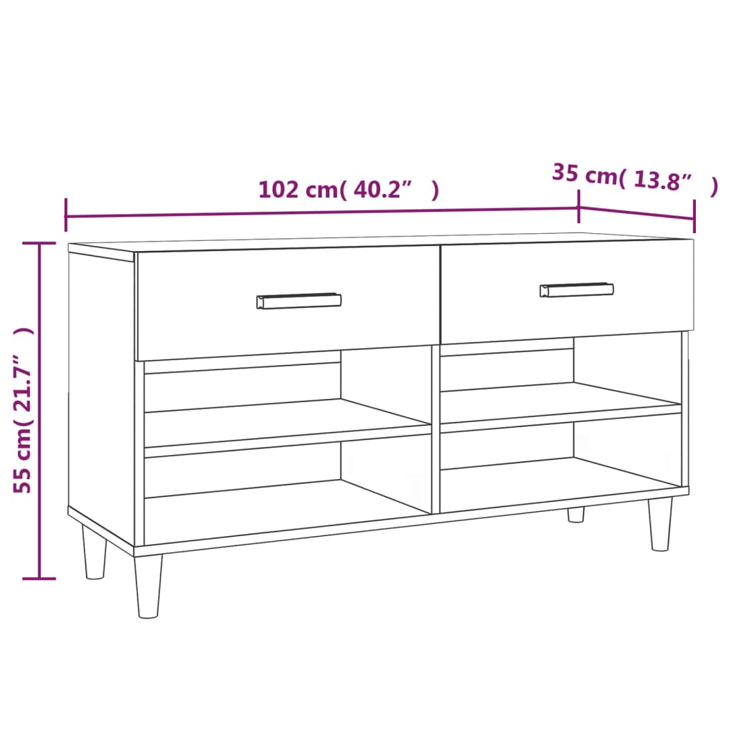 Shoe cabinet high gloss white 102x35x55 cm wood material
