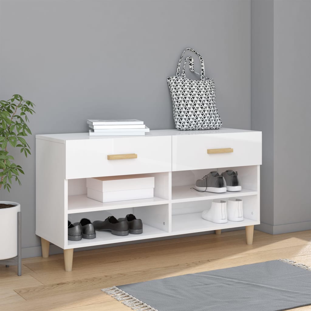 Shoe cabinet high gloss white 102x35x55 cm wood material