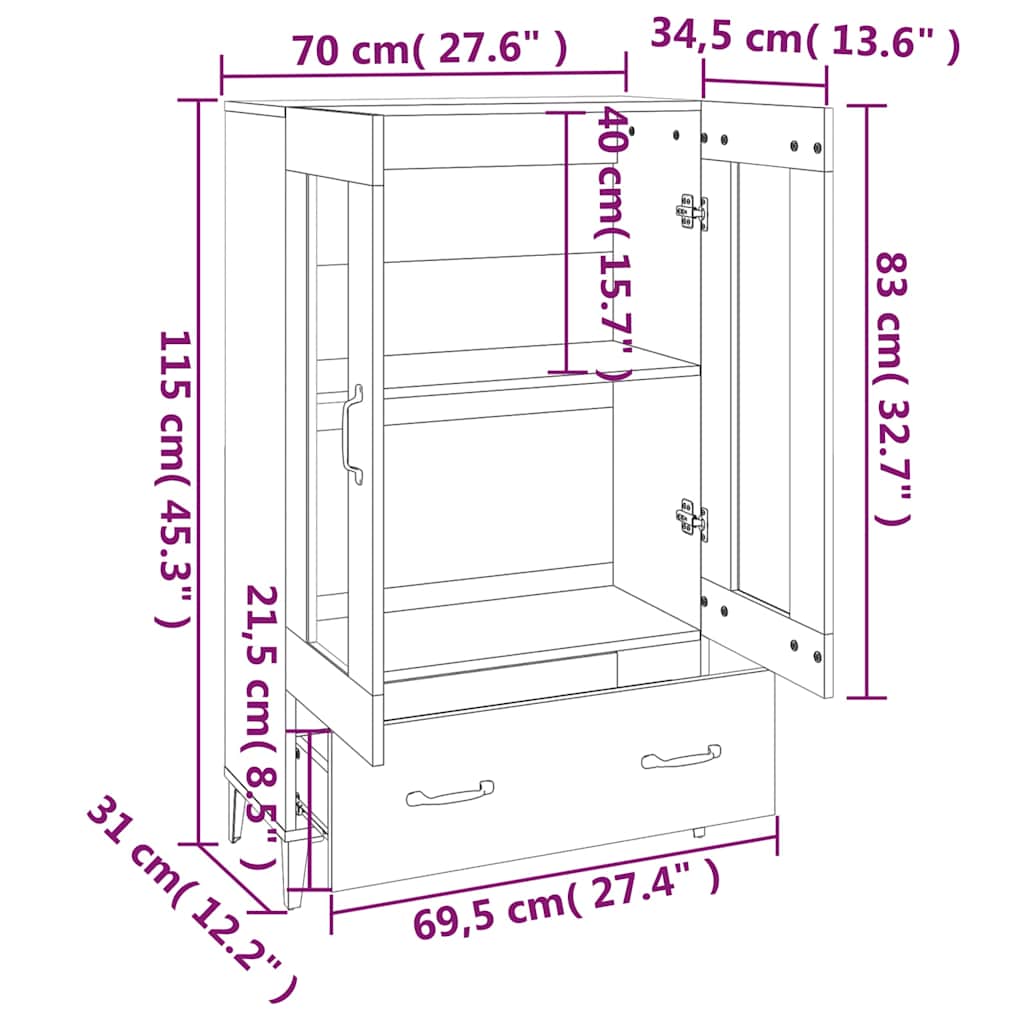 Highboard Grau Sonoma 70x31x115 cm Holzwerkstoff