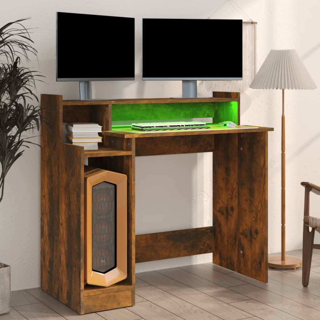 Bureau avec LED chêne fumé 97x45x90 cm matériau bois