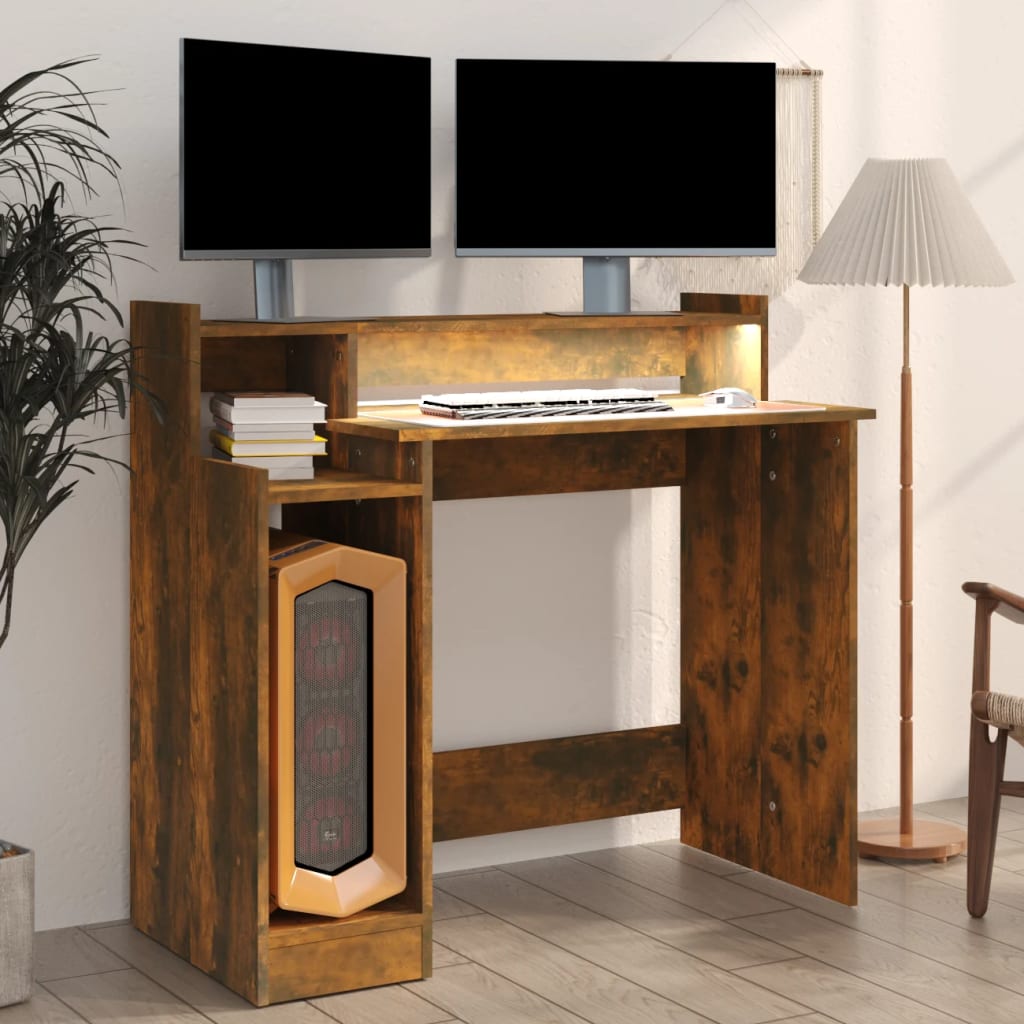 Bureau avec LED chêne fumé 97x45x90 cm matériau bois