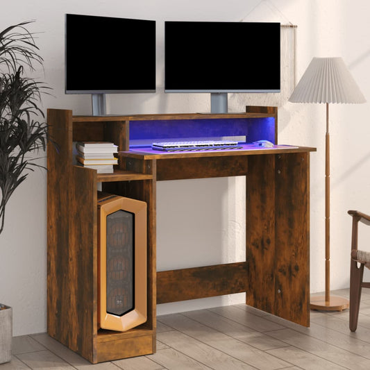 Bureau avec LED chêne fumé 97x45x90 cm matériau bois