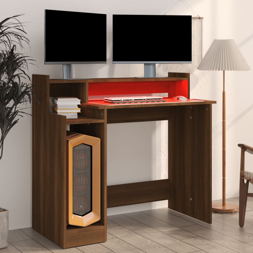 Bureau avec LED aspect chêne marron 97x45x90 matériau bois