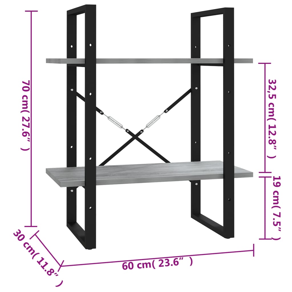 Bücherregal 2 Fächer Grau Sonoma 60x30x70 cm Holzwerkstoff