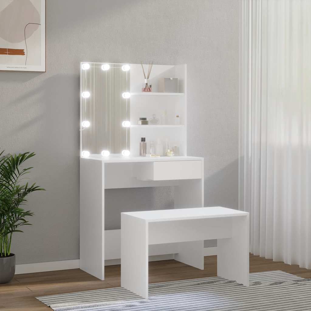 Schminktisch-Set mit LED Weiß Holzwerkstoff