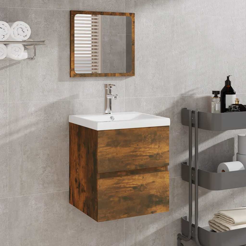 Waschbeckenunterschrank mit Waschbecken Spiegel Räuchereiche
