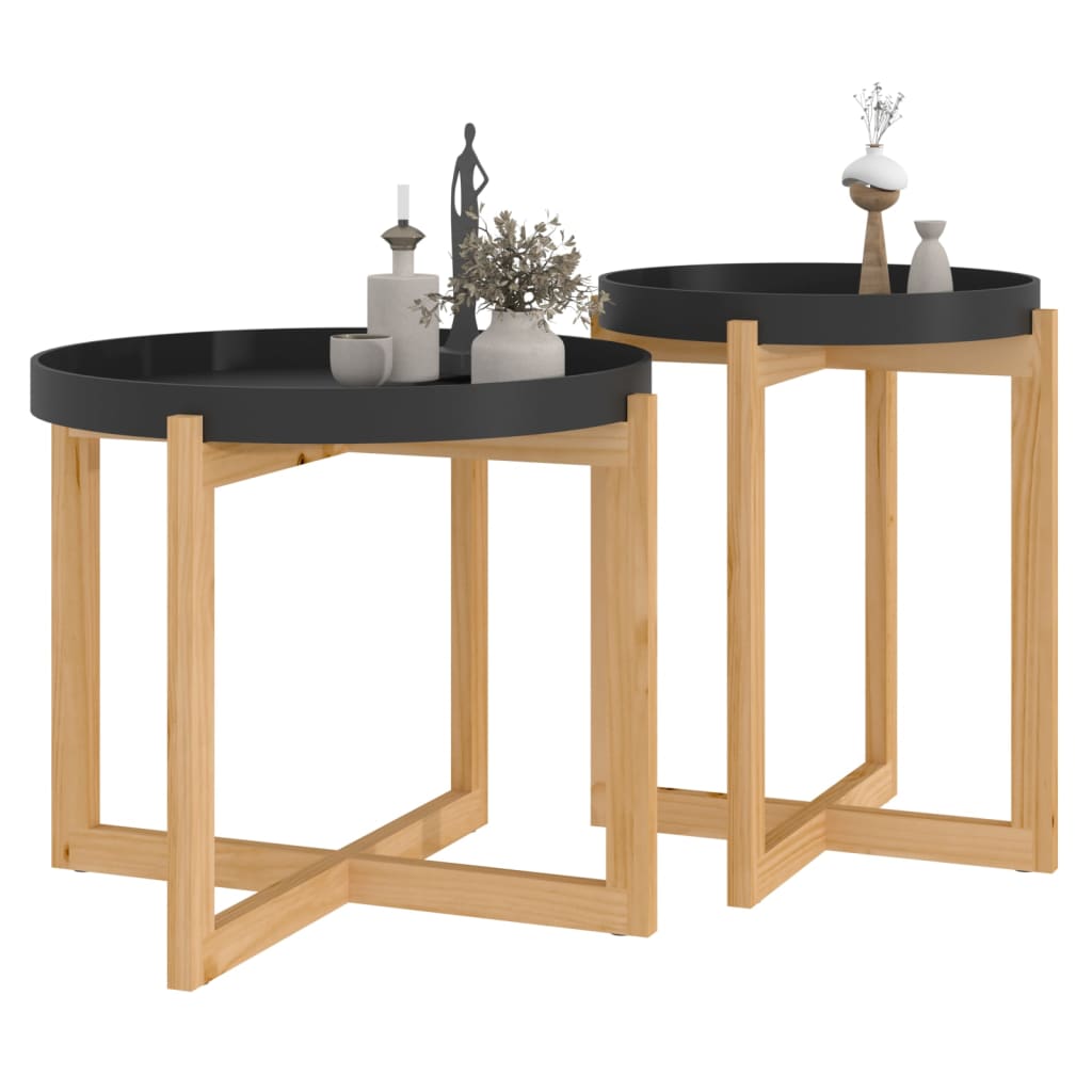 Couchtische 2 Stk. Schwarz Holzwerkstoff und Massivholz Kiefer