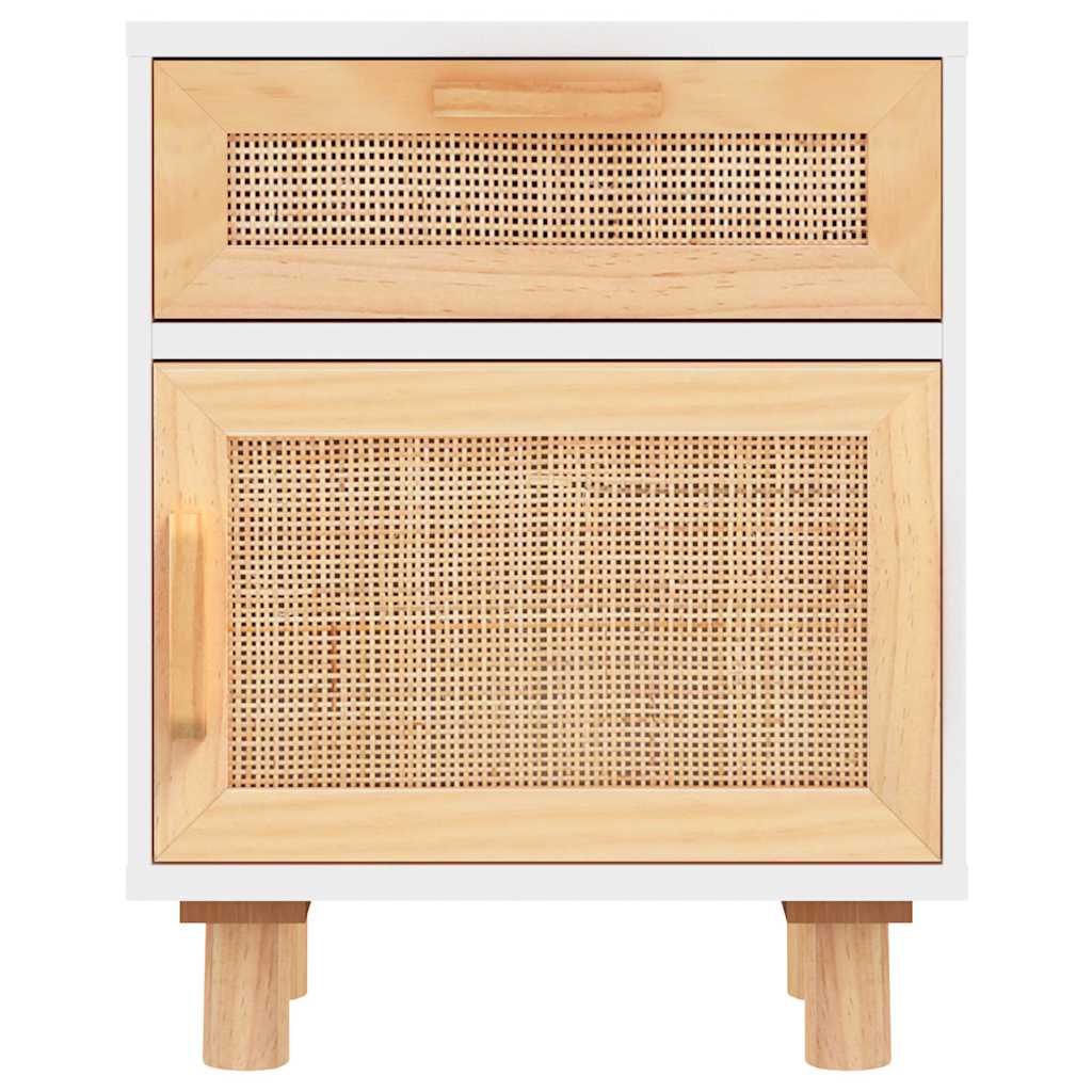 Nachttisch Weiß Massivholz Kiefer und Natur-Rattan