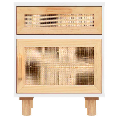 Nachttisch Weiß Massivholz Kiefer und Natur-Rattan