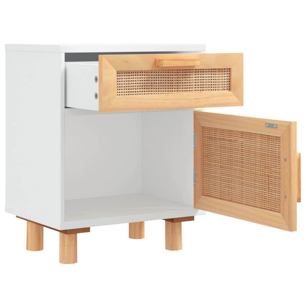 Nachttische 2 Stk. Weiß Massivholz Kiefer und Natur-Rattan