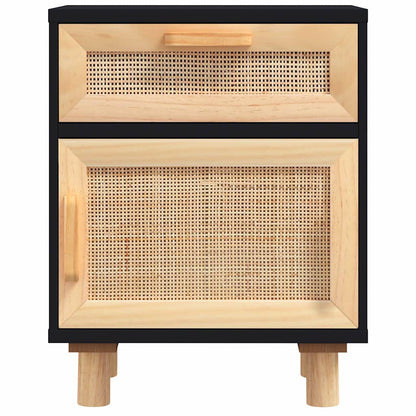 Nachttisch Schwarz Massivholz Kiefer und Natur-Rattan