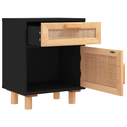 Nachttisch Schwarz Massivholz Kiefer und Natur-Rattan