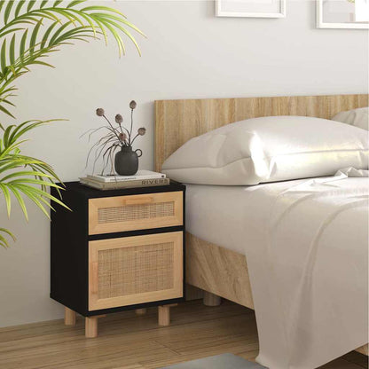 Nachttisch Schwarz Massivholz Kiefer und Natur-Rattan