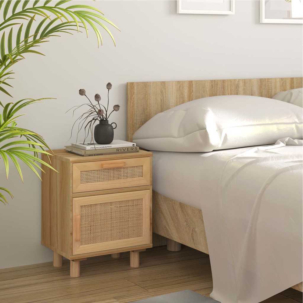 Nachttische 2 Stk. Braun Massivholz Kiefer und Natur-Rattan