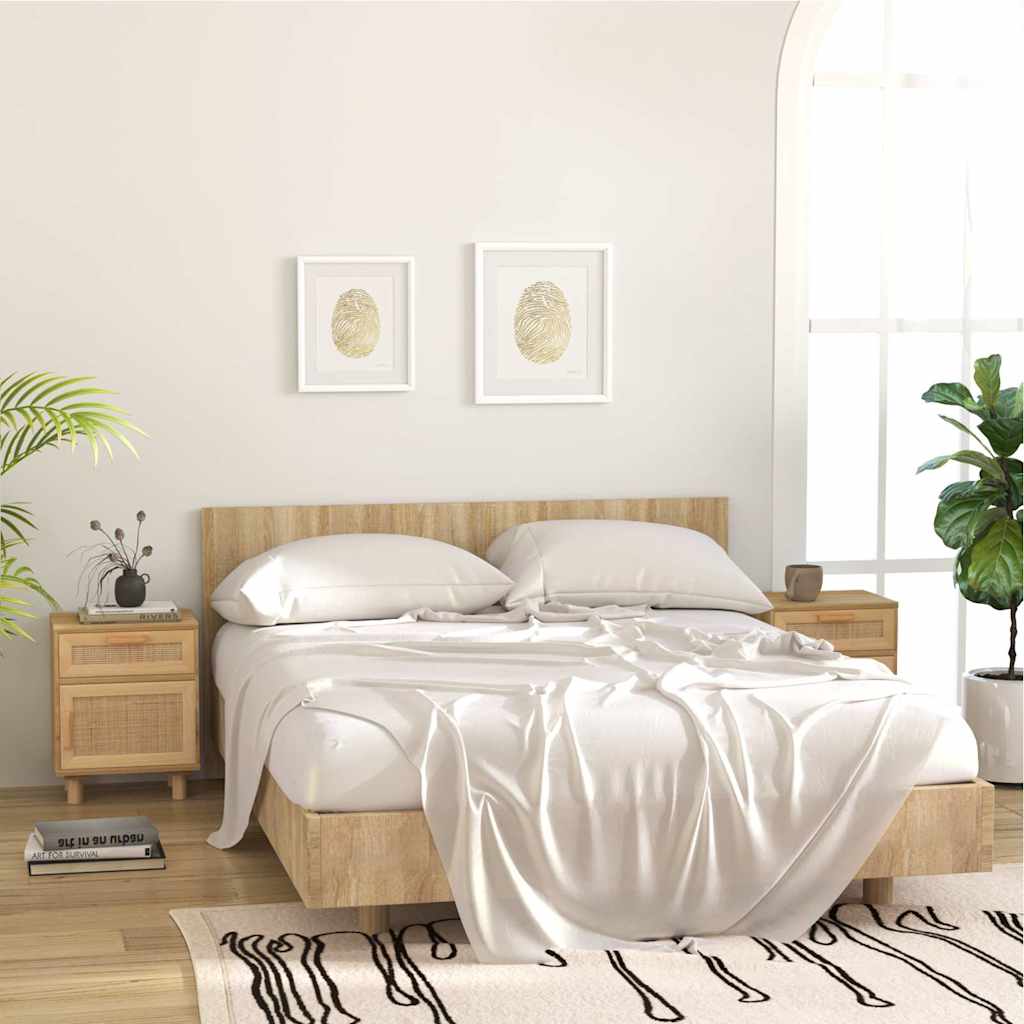 Nachttische 2 Stk. Braun Massivholz Kiefer und Natur-Rattan