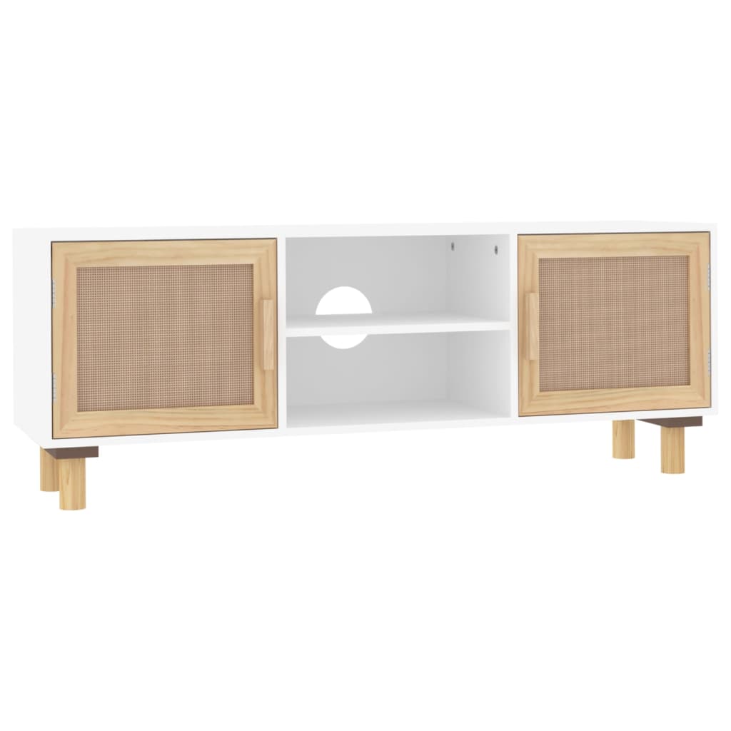 Meuble TV blanc 105x30x40 cm pin massif rotin naturel