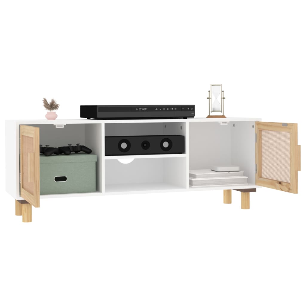 Meuble TV blanc 105x30x40 cm pin massif rotin naturel
