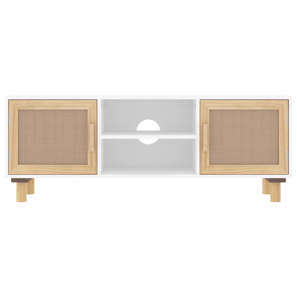 Meuble TV blanc 105x30x40 cm pin massif rotin naturel