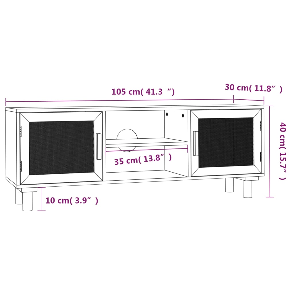 Meuble TV blanc 105x30x40 cm pin massif rotin naturel