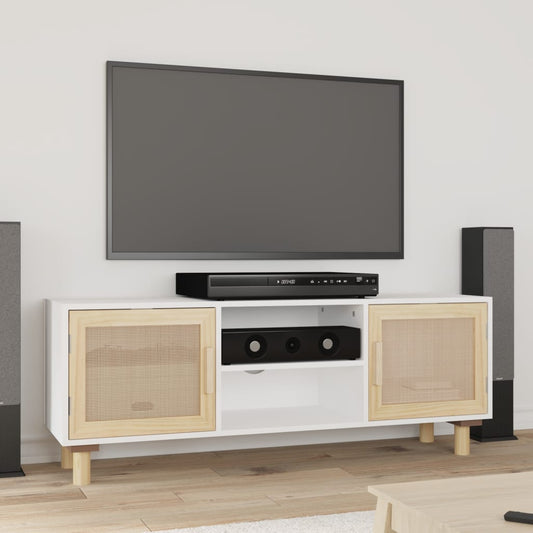 Meuble TV blanc 105x30x40 cm pin massif rotin naturel