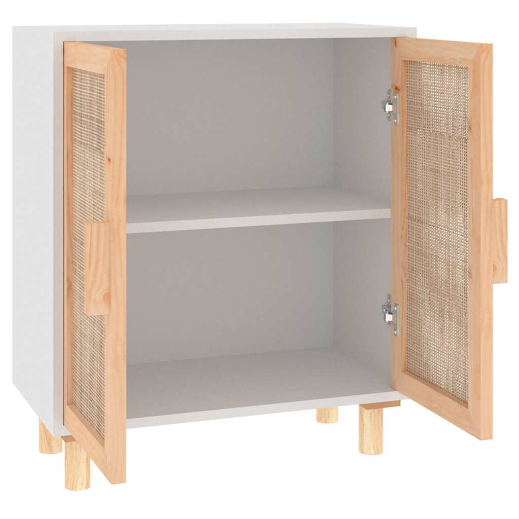 Sideboard Weiß 60x30x70 cm Massivholz Kiefer und Natur-Rattan