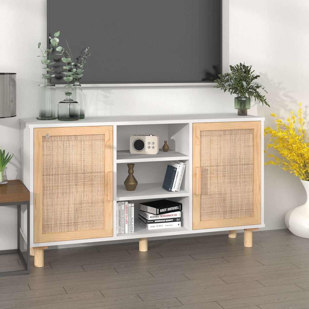 Sideboard Weiß 105x30x60 cm Massivholz Kiefer und Natur-Rattan
