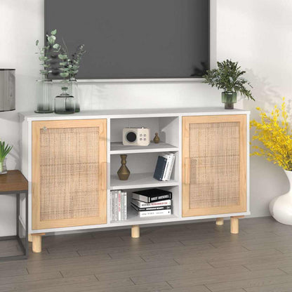 Sideboard Weiß 105x30x60 cm Massivholz Kiefer und Natur-Rattan